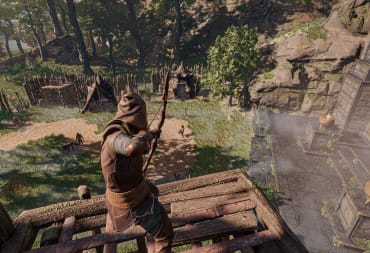 A player aiming a bow at enemies in Enshrouded