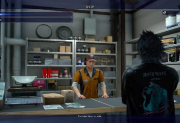Final Fantasy XV screenshot showing two men standing in a shop .