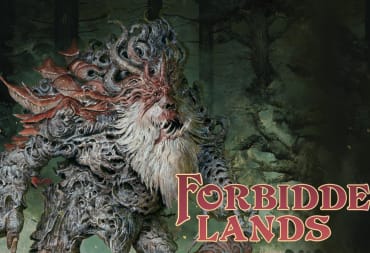 Official artwork of the Forbidden Lands expansion Book of Beasts, showing a large mutated giant creature towering over a knight in armor