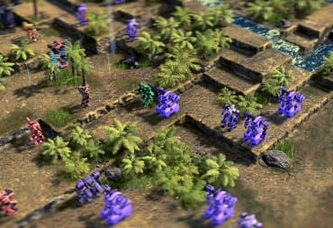 Lots of different-colored mechas in a jungle environment in Front Mission 1st: Remake