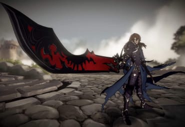 Siegfried pointing his giant sword menacingly at an off-screen opponent in Granblue Fantasy Versus: Rising