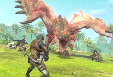 A Monster Hunter standing in front of a roaring Rathalos.