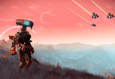 A robot looking out over ships launching into the pink sky in the No Man's Sky Singularity update