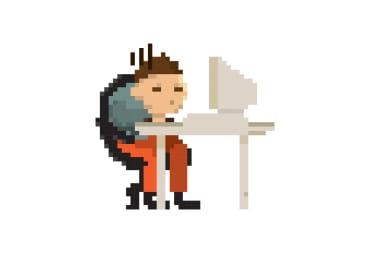 Image of a pixel art worker at his computer