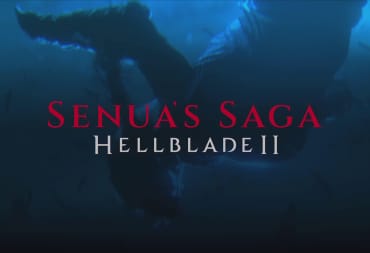 The Senua's Saga: Hellblade II logo overlaid on a shot of Senua sinking into water