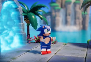 A Lego Sonic figure looking smug and walking out of a portal in the Sonic Superstars Lego Sonic DLC