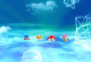 Sonic, Tails, Knuckles, and Amy flying through the air in Sonic Superstars.