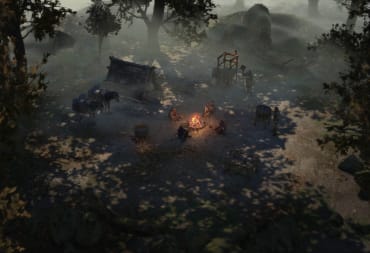 Four travelers sitting around a campfire in Wartales