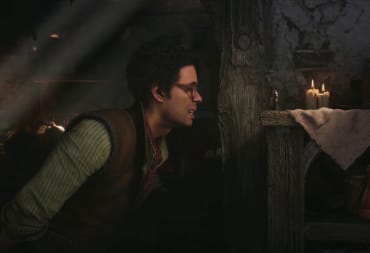 Richard Ayoade in the new Fable trailer, looking at a miniature hero