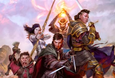 Artwork of a D&D adventuring party in a group shot, featuring a rogue, a spellcaster, an archer, a knight in armor, and a fighter with an axe.
