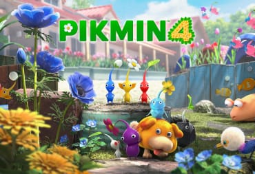 Key art for Pikmin 4, which depicts several Pikmin, the dog Oatchi, and some of the creatures you'll meet in the game