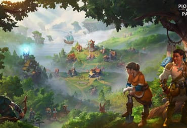 Key art depicting characters looking out over a bustling settlement in Pioneers of Pagonia