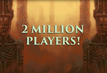 Two imposing skeletal statues flanking the words "2 MILLION PLAYERS!" in a banner announcing Scorn's new player milestone