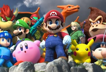 Smash Bros artwor showing a plethora of NIntendo and video game characters standing in a crowd facing just off screen. 