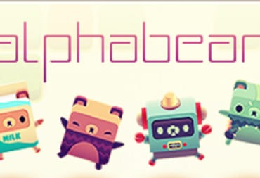 Alphabear key art showing several square-ish cartoon bears seemingly dancing while a neon font above their heads reads Alphabear. 