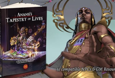 A hardcover book of Anansi's Tapestry of Lives on a blue background. Anansi is seen next to the book, his hand reached out.