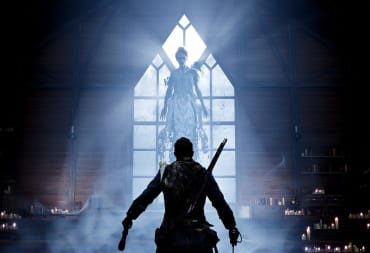 A character in silhouette standing in front of a ghostly figure framed by a window in the Don't Nod game Banishers: Ghosts of New Eden