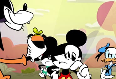 Mickey and the gang hatching a plan in Disney Illusion Island