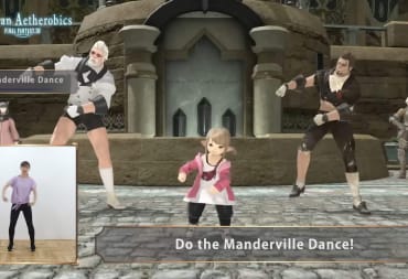 Two of the Mandervilles, as well as a small Lalafell, doing the Manderville Dance alongside a demonstrating human in the new Final Fantasy XIV exercise video Aetherobics