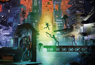 Key art for Flashback 2, showing Conrad hiding behind a wall, leaping over a chasm, and fighting an enemy