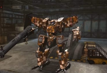 A closeup of a Wanzer with camouflage aesthetics in Front Mission 2: Remake