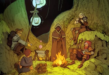 A group of adventures relaxing around a campfire beneath some tree roots in concept art for the debut game from indie studio Gardens