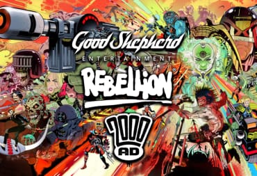 The Good Shepherd, Rebellion, and 2000 AD logos against a backdrop of many of 2000 AD's most iconic franchises