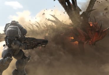 Heroes of the storm cinematic trailer screenshot showing a soldier in futuristic armor with a huge gun fighting a sand worm on a desert planet. 
