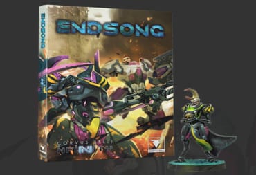 A screenshot of the rulebook of Infinity: Endsong, sitting next to a miniature soldier with green armor