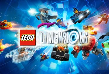 Lego Dimensions Key Art showing varios licensed lego minifigures bursting out of a blue backgrond. 