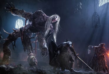 A giant humanoid monster screaming at players while one readies a fireball and the other faces it down with a sword and shield in Lords of the Fallen