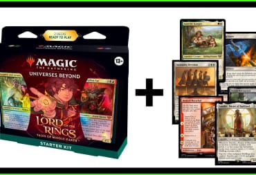An image of the MTG LOTR Tales of Middle-Earth MTG starter set and some additional cards that can be used to upgrade the deck.