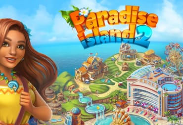 Paradise Island 2 Key Art showing a woman with brown hair standing in front of a generic cityscape with the wname Paradise Island 2 written at the top. 