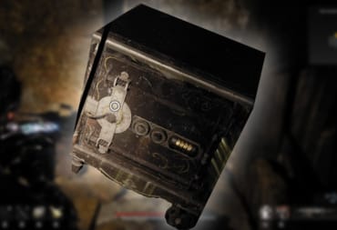 Remnant 2 artwork showing an enlarged safe with a glowing border while a blurry screenshot of a man holding a gun makes up the background
