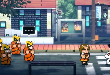 A character in the River City Ransom remake River City: Rival Showdown looking tough while goons grin at him and a girl smiles