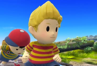 Smash Bros Screenshot showing lucas from Mother3 with NES from Earthbound in the Background behind him. 