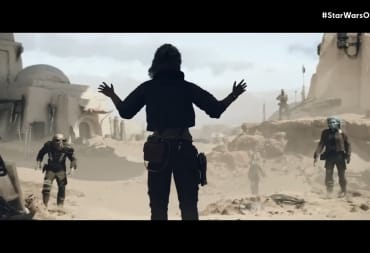 Image of the Protagonist in Star Wars Outlaws Surrounded by Enemies with her Hands Up