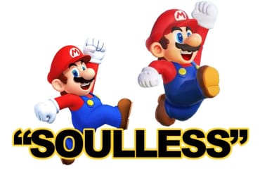 Old 3D Mario render from NEW series next to Mario Wonder render. Text reads "Soulless"