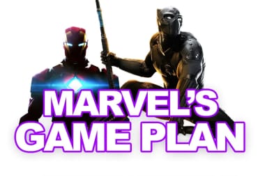 Video Game Renders of Iron Man and Black Panther Text reads MARVEL'S GAME PLAN
