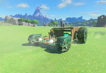 Link driving a ridiculous car contraption across Hyrule in The Legend of Zelda: Tears of the Kingdom, which has topped UK boxed charts again