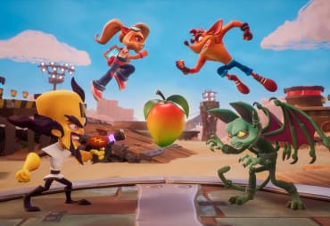 Crash and various other characters leap towards a Wumpa fruit in a sort of visual representation of the UK CMA's "battle" with Microsoft over its Activision merger