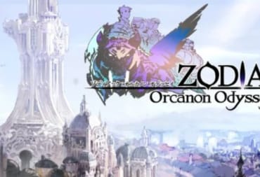 Zodiac Orcanon Odyssey Key Art Showing a futeristic cityscape with many towers and building. At the top right of the frame is a Final Fantasys-style silhouette of the main cast with the title on front. 
