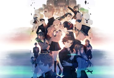 Key art for 13 Sentinels: Aegis Rim, depicting the main characters with a mech looming over them