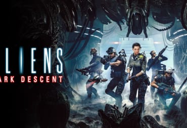 Key art for Aliens: Dark Descent, depicting a squad moving towards the camera alongside the game's logo
