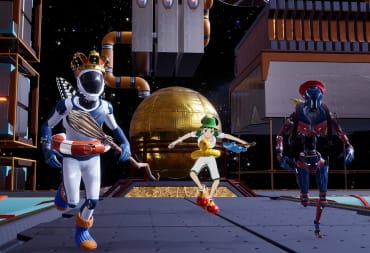 Three players, dressed as a spaceman in a crown, an anime character, and some kind of robot alien, in Astral Tracks