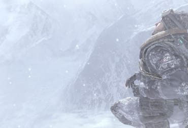 An in-game screenshot of Call of Duty: Modern Warfare 2 (2009), showcasing side character Soap MacTavish on the side of a cliff in the middle of a blizzard.