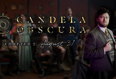 An image of Spenser Starke next to the Candela Obscura logo. A blurry view of the cast sits behind him.