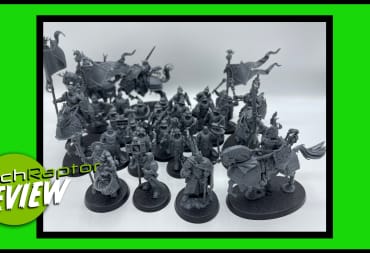 An image of the entire miniature contents of the Cities of Sigmar Army Set, against a green background with a button reading TechRaptor Review.