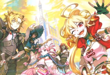 A group photo of several characters in an anime artstyle. The group includes a blonde man with a lute and sword, a brown-skinned wizard, a petite girl with long pink hair in a dress, a tall muscular female orc with a scar on her face, and an elf with red eyes.