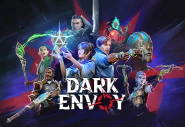 The key art for Dark Envoy, depicting several of its characters wielding various weapons and magical artifacts
